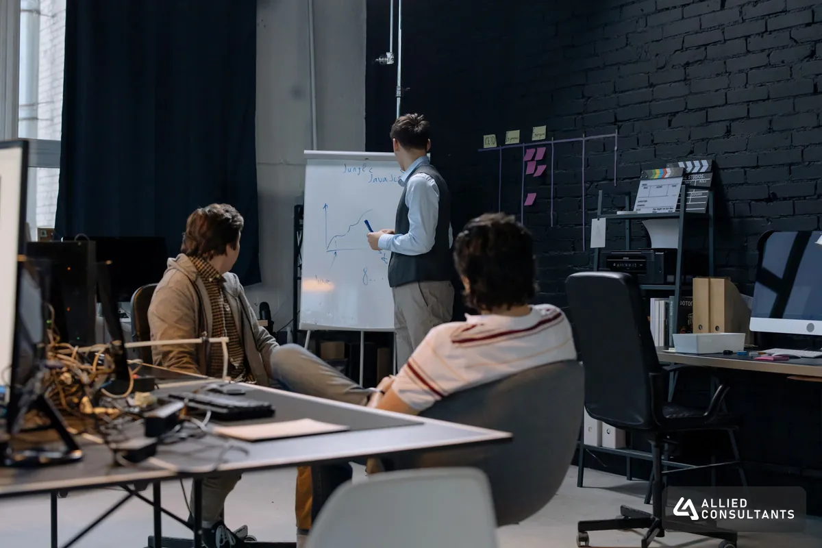 Managers in a modern office reviewing a weekly plan on a whiteboard