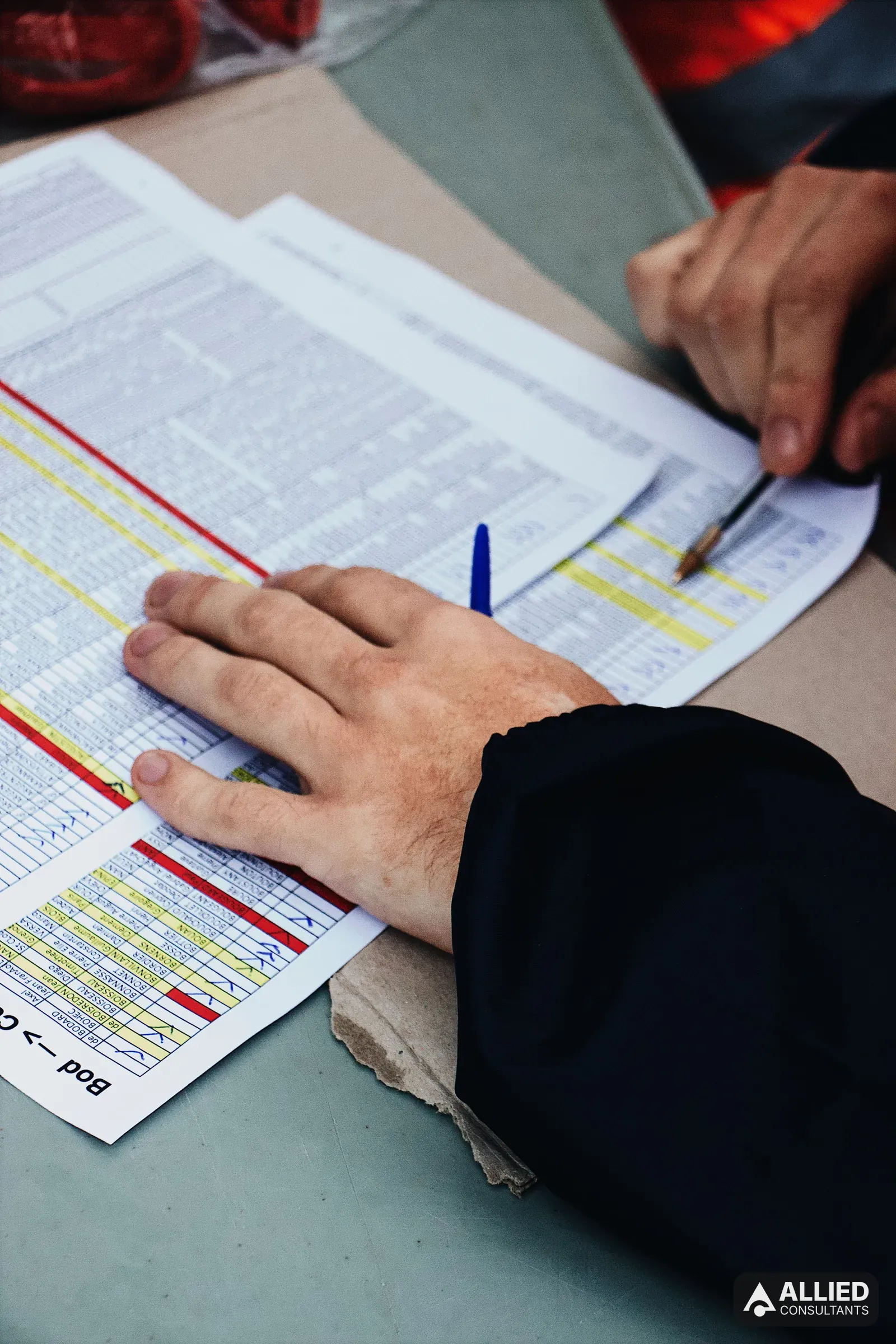 Hands with a pen reviewing spreadsheet data and financial statements during a bookkeeping review