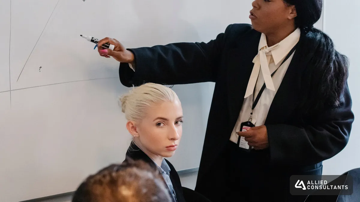 Finance lead presenting results to a small leadership team at a whiteboard