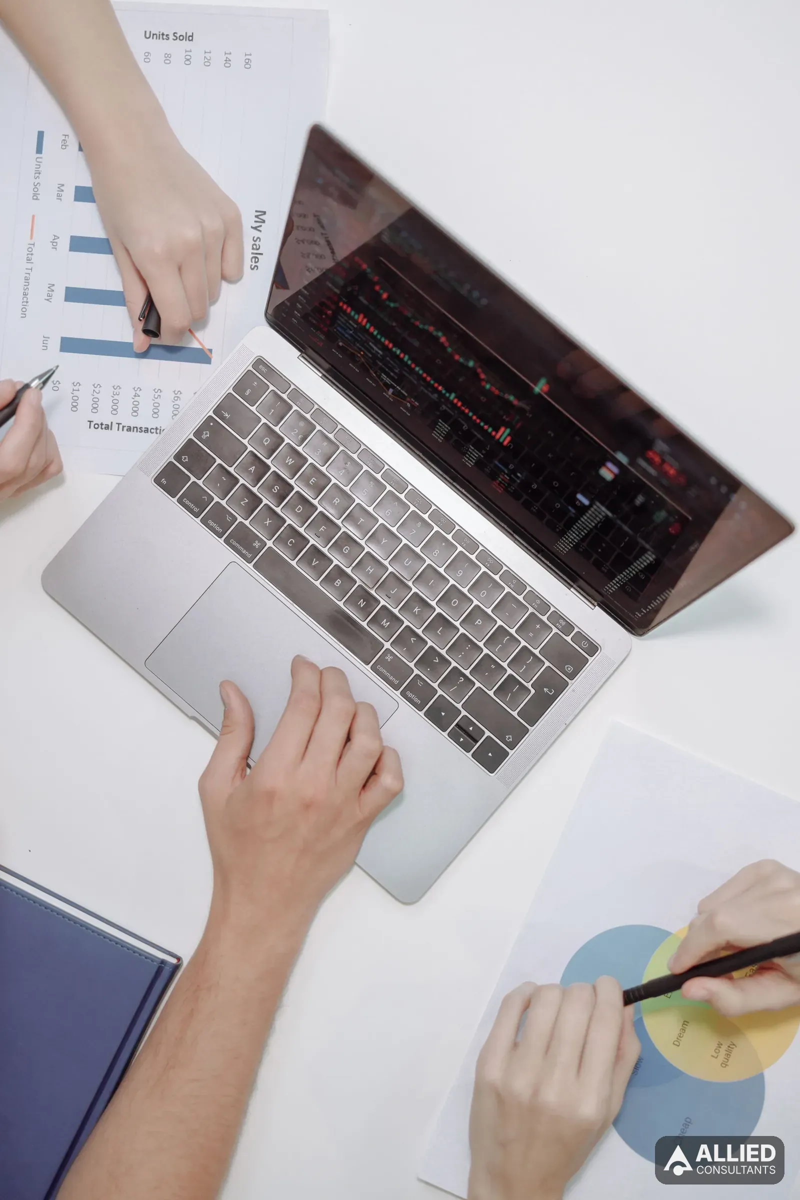 Owner and fractional CFO discussing financial charts on a laptop during a planning session
