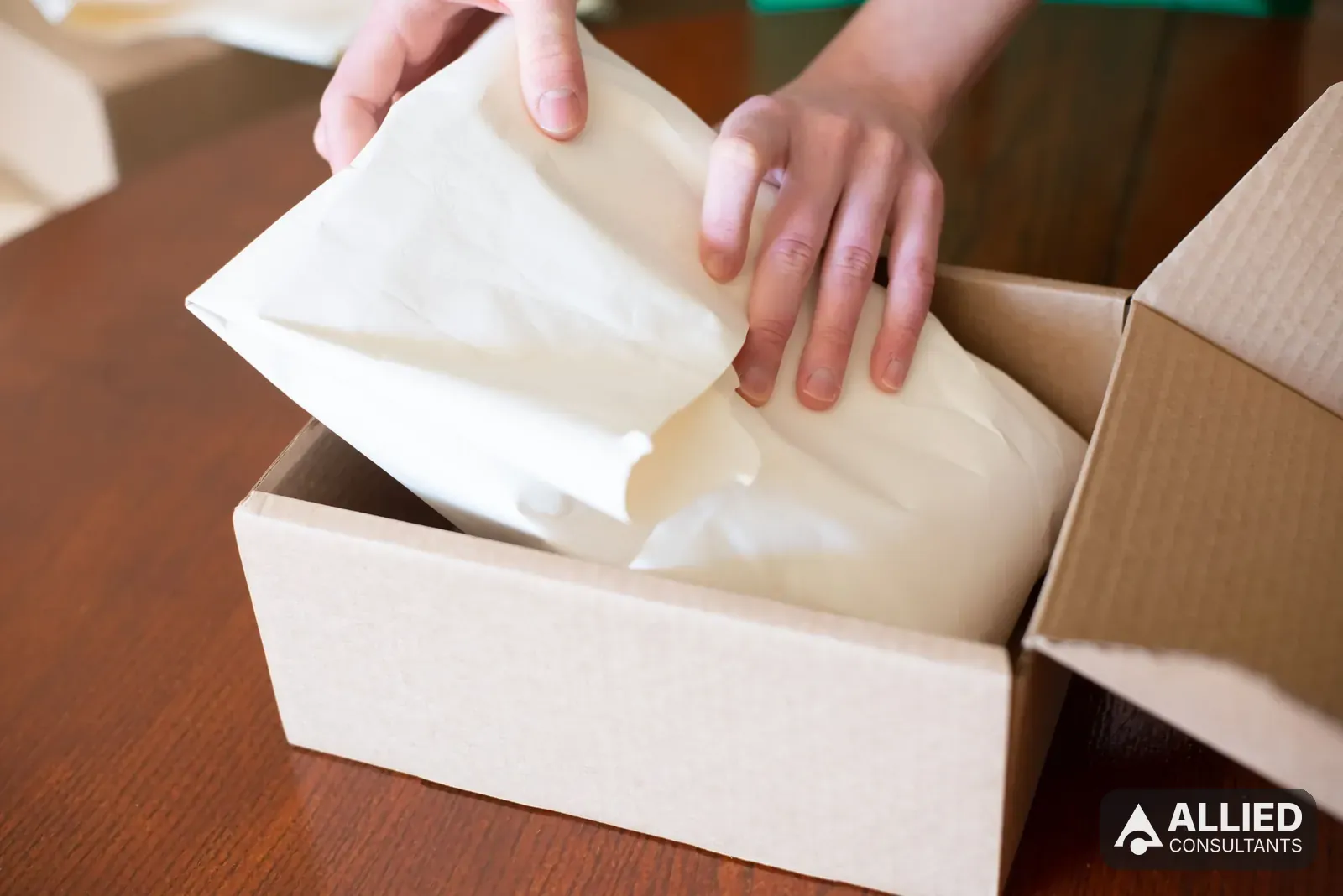 Ecommerce team member packing a customer order into a cardboard shipping box