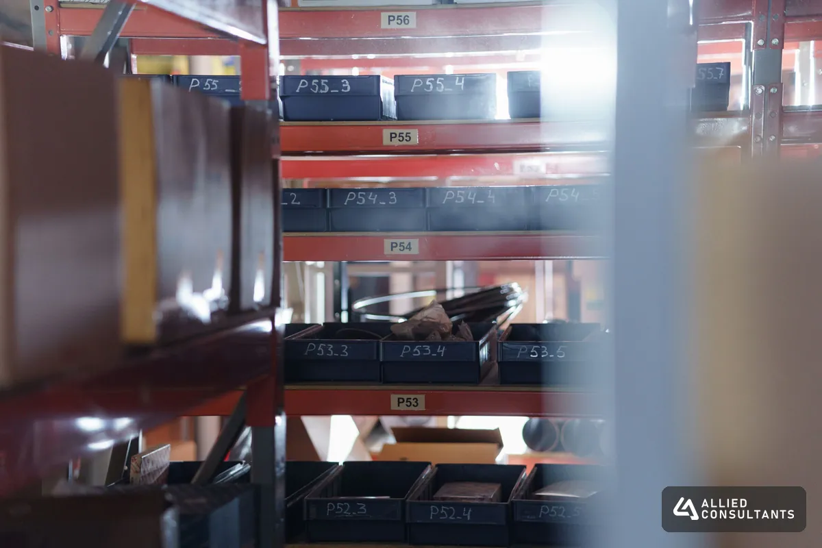 Labeled shelves and bins in a small ecommerce warehouse