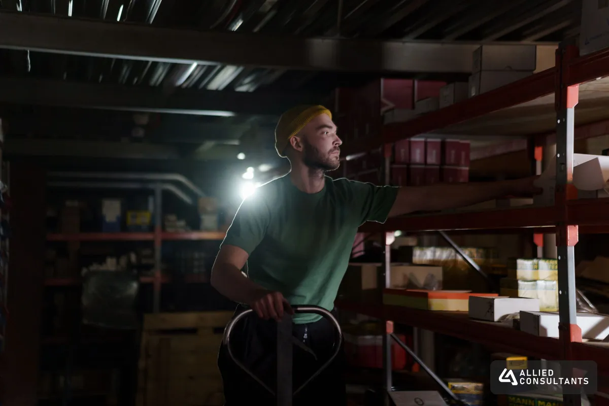 Warehouse worker pulling a box from a shelf for an order
